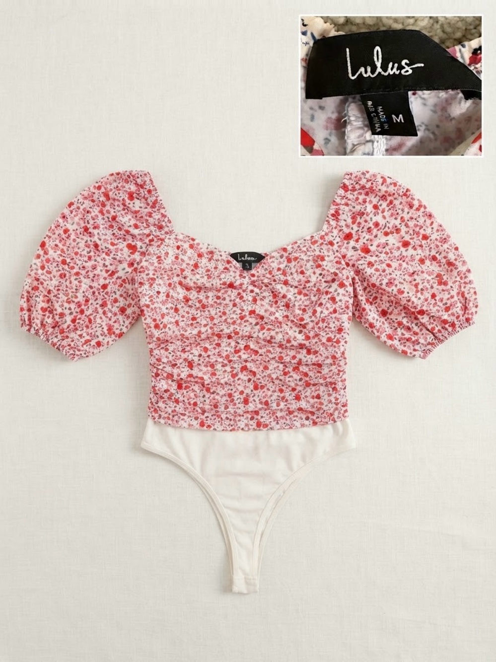 Lulu's Pink Red Floral Puff-Sleeve Bodysuit